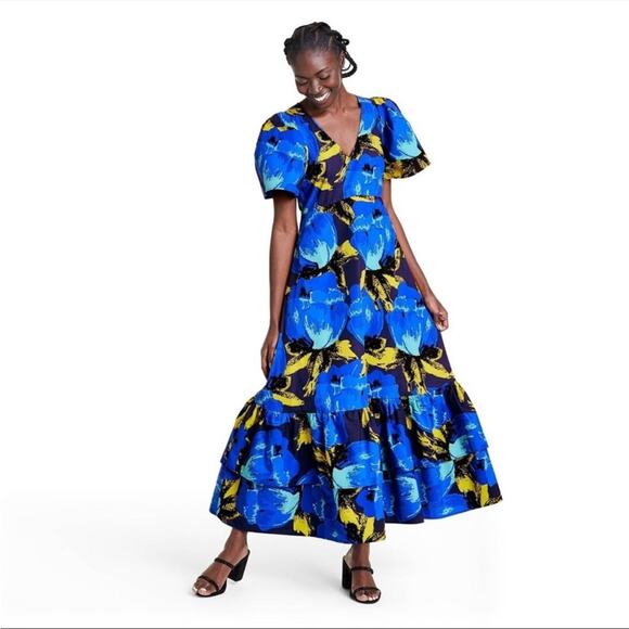 Christopher John Rogers Floral Puff Sleeve Tiered Dress Blue Women’s Sz 2 - Picture 1 of 9